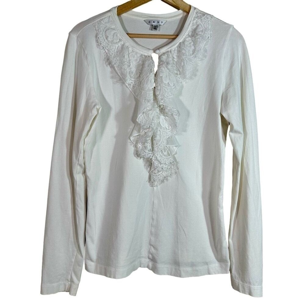 Cabi Womens White Lace Ruffle Front Long Sleeve Top Victorian‎ Romantic Size M